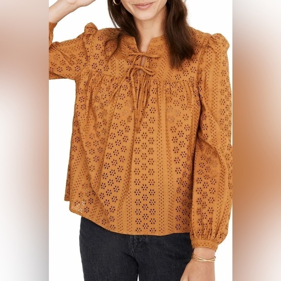 Madewell | Eyelet Double-Tie Boho Peasant Top Mustard Yellow Size Small - Picture 1 of 7